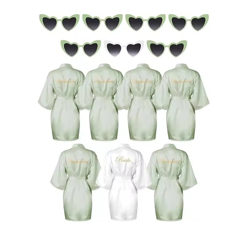 7 Pcs Bride Bridesmaid Robe Sets for Wedding Bridal Party Satin Robes Maid of Honor Robe with Heart Shaped Sunglasses