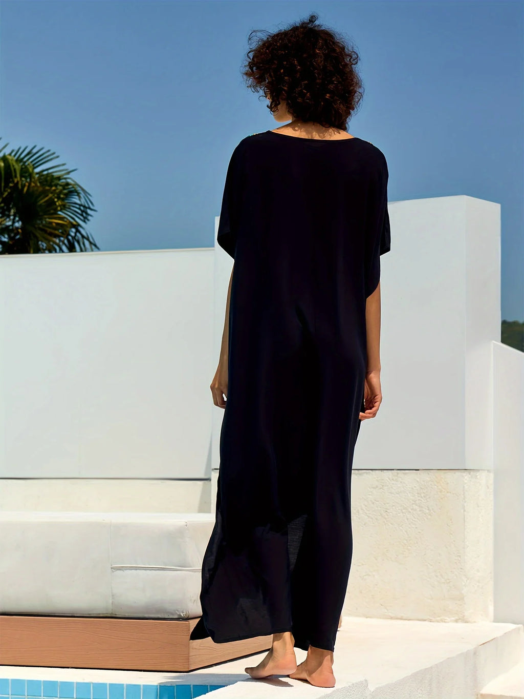 Embroidered Women Loose Black Kaftan Summer Beach Dress Bohemian Holiday Swimsuit Coverup Cozy Robe Outfit dropshipping