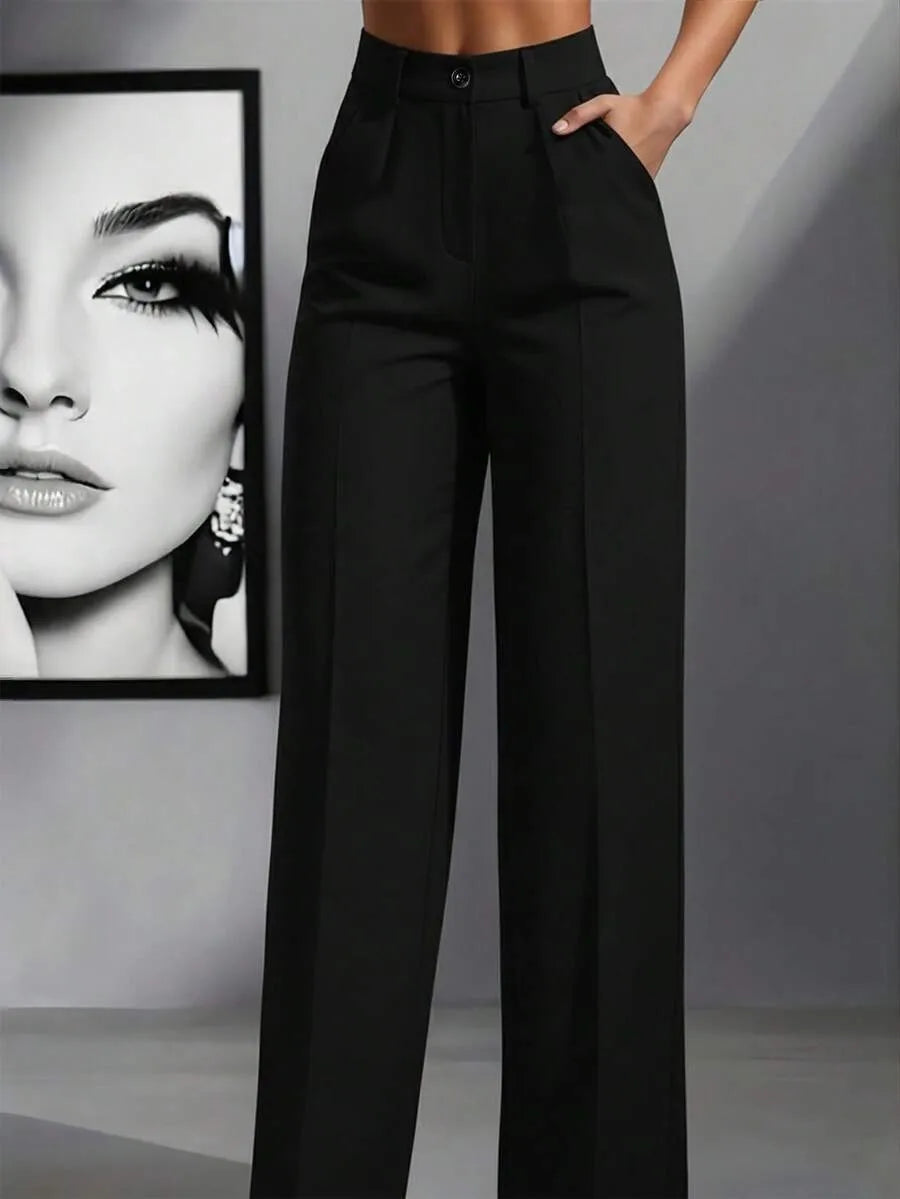 European and American cross-border spring and autumn fashion solid color casual high-waist loose work trousers with pockets