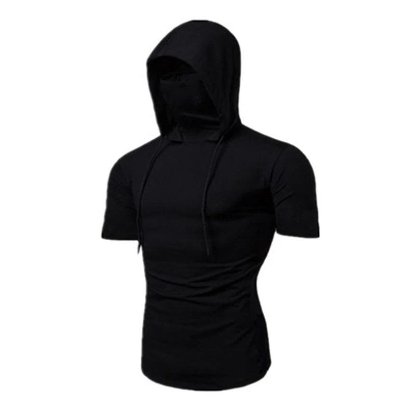 Mens Gym Thin Hoodie Short Sleeve Hoodies With Mask Sweatshirt Casual Splice Large Mask Hoodie Sweatshirt Hooded Tops Cycling