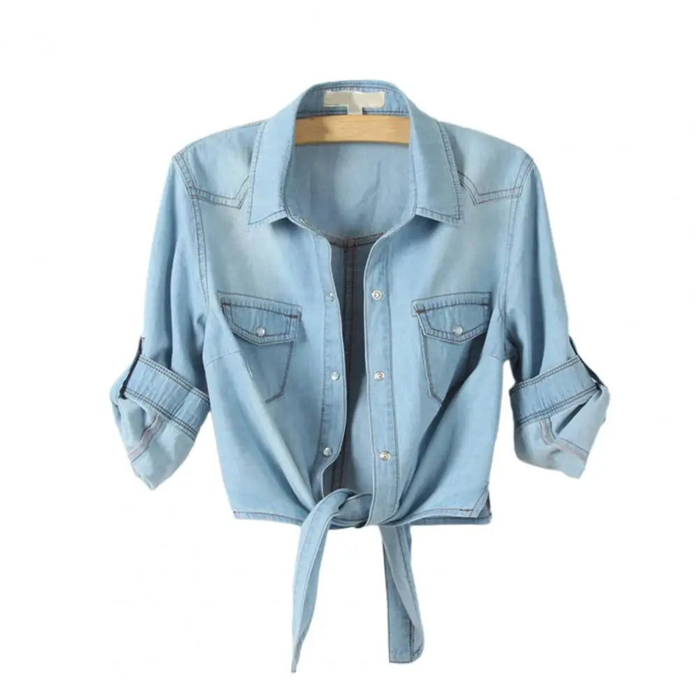 Women's Cropped Lace-Up Denim Jacket – Single-Breasted Tie Knot Jean Cardigan Coat