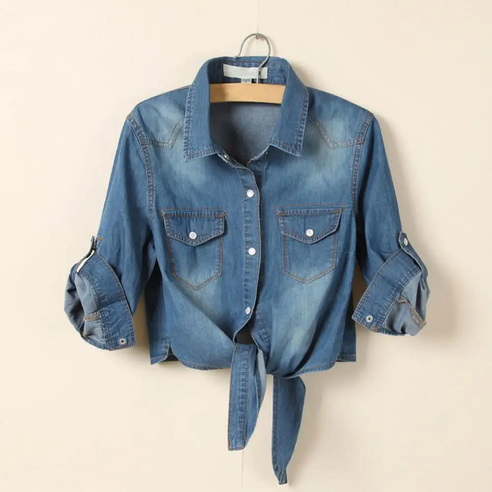 Women's Cropped Lace-Up Denim Jacket – Single-Breasted Tie Knot Jean Cardigan Coat