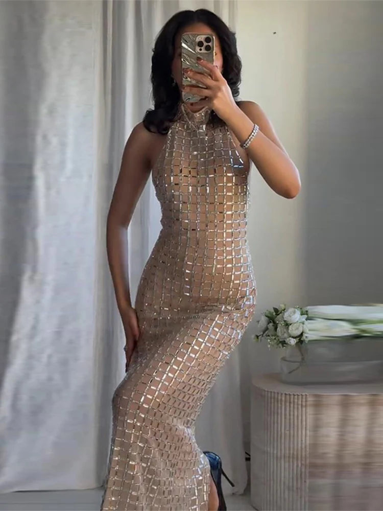 Halter Sequined Midi Dress Women Sexy Turtleneck Sleeveless Backless Waist Cinching Party Evening Dresses Chic Office Lady Robes