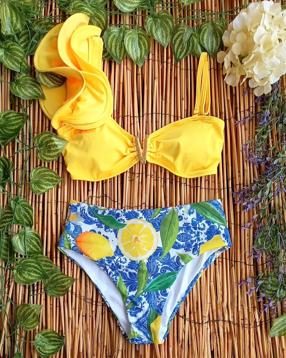 2025 New Sexy High Waist Bikini Sets Ruffle Swimwear Women Swimsuit Print Floral Dots V-neck Beach Wear Bathing Suits Biquini