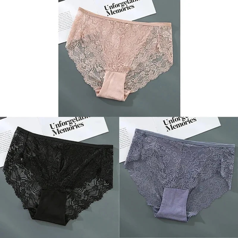 3Pcs Women's Plus Size Panties Lace Lingerie Solid Color Brief High Waisted Triangle Panty Brief Comfort Intimate 1-4XL Lingerie