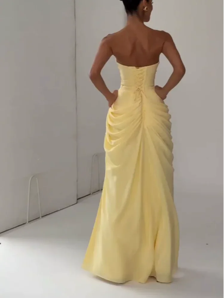 Elegant Yellow Strapless Pleated Dress Women Chic Sleeveless Waist Cinching Split Maxi Gowns Lady Evening Party Dresses 2026 New