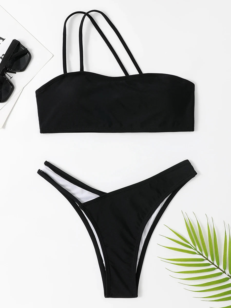 2025 New Push Up Single Shoulder Stripe Women Bikini Set High Cut Printed Bottom Padded Swimwear Summer Beachwear Bathing Suit