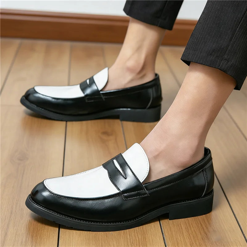 Fashion New Pointed Two-tone Mixed Patchwork Slip on For Men Wedding Homecoming Dress Shoes Flats Casual Loafer  Zapatos Hombre