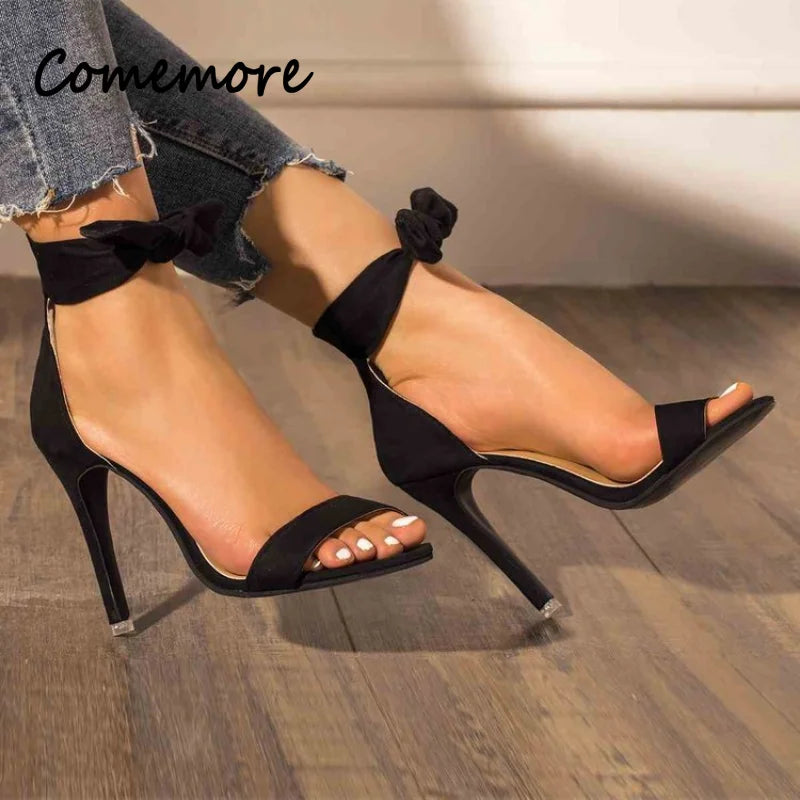 Comemore Summer Ladies Sexy Thin Heel Sandals Women's Fashion Bow High Heels Solid Color Sexy Sandals Yellow Pumps Women Shoes
