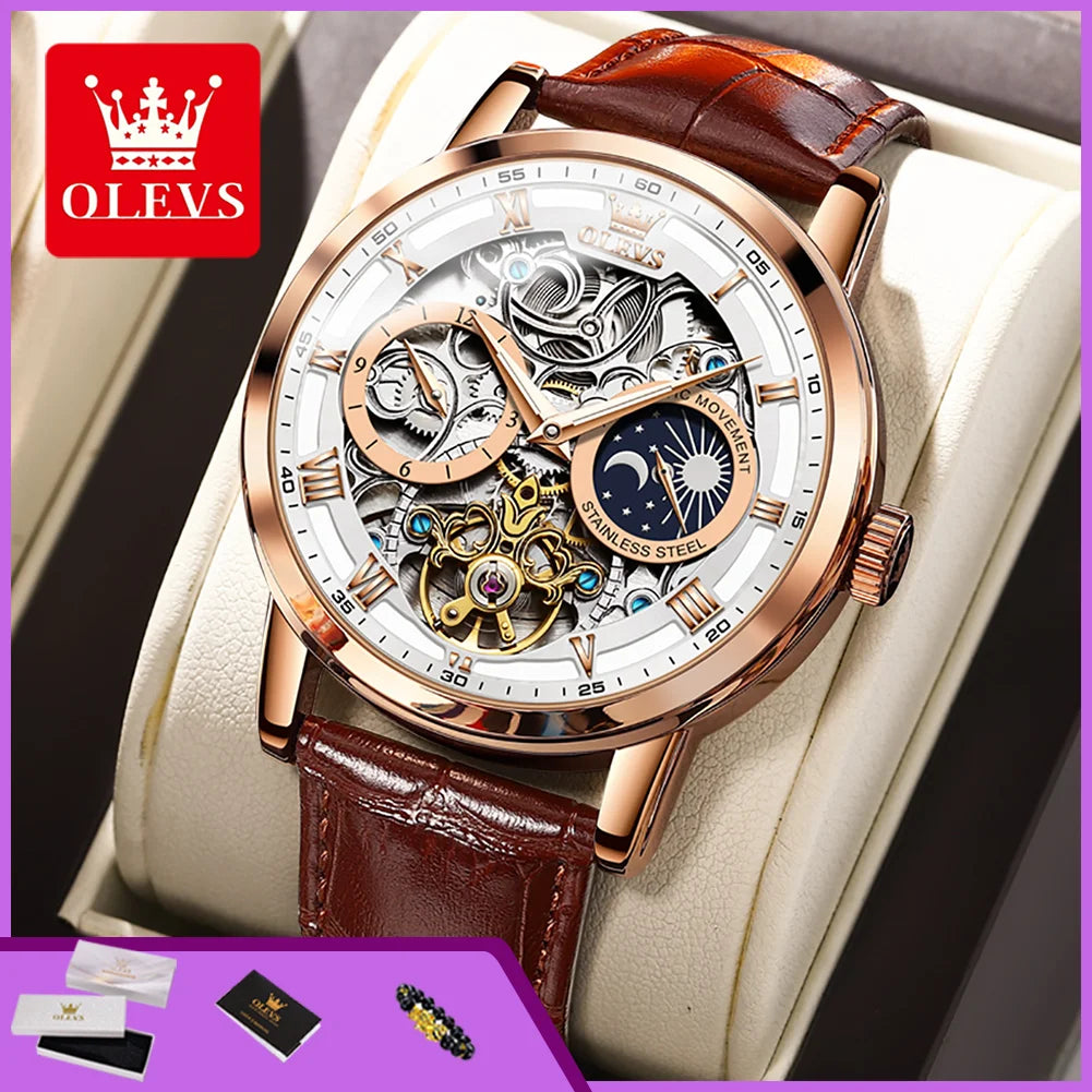 OLEVS 6670 Men's Automatic Mechanical Watch | Skeleton Leather Strap