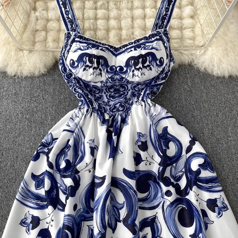 Women's Printed Maxi Dress – V-Neck Spaghetti Strap Beach Vacation Dress