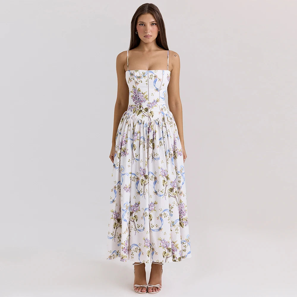 Women's Floral Print Maxi Dress – Spaghetti Strap Fit & Flare