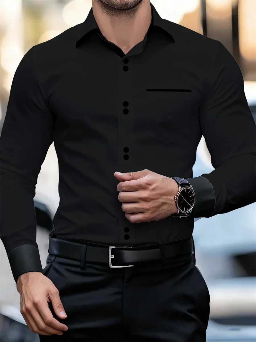 Men's Business Color Block Collar Long Sleeve Shirt, Slim Fit, Wrinkle-Free, Black and White Patchwork Shirt, Men's Fashion Top