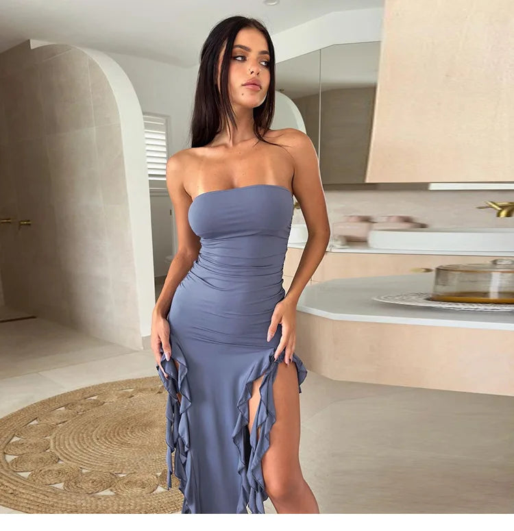 Women's Ruffle Off Shoulder Backless Ruched Midi Dress – Asymmetric Sexy Summer Dress