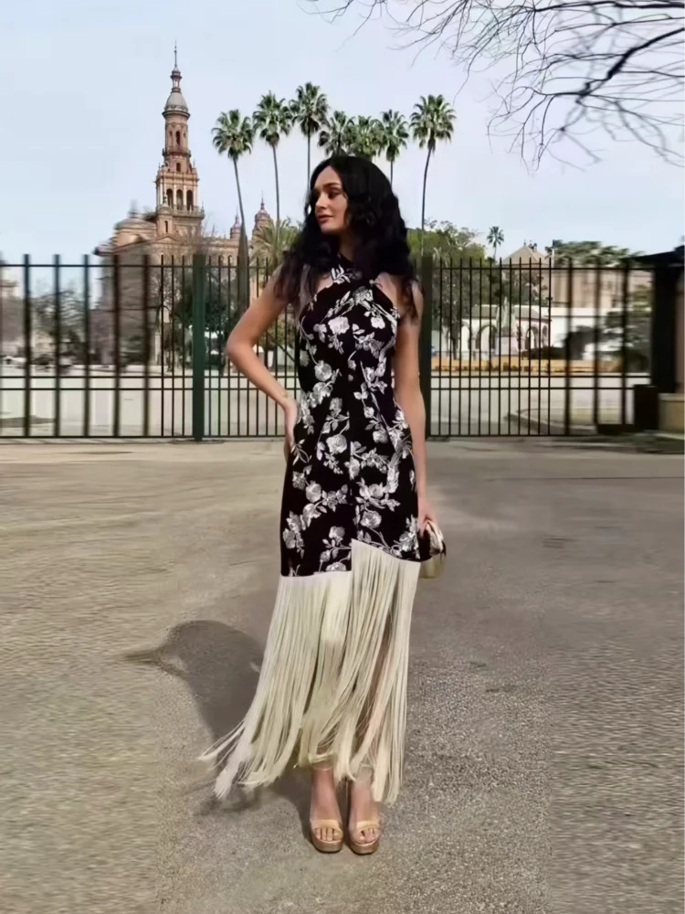 Vintage Print Tassel Asymmetrical Long Dress Women Halter Sleeveless Backless Female Party Dresses Spring Summer Lady Chic Robe