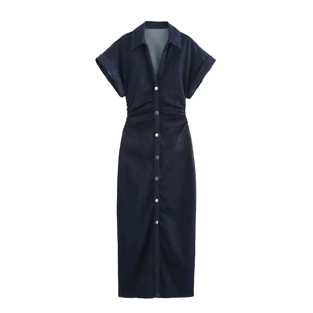 Women's Denim Midi Dress – Casual Ruched Short Sleeve A-Line Streetwear