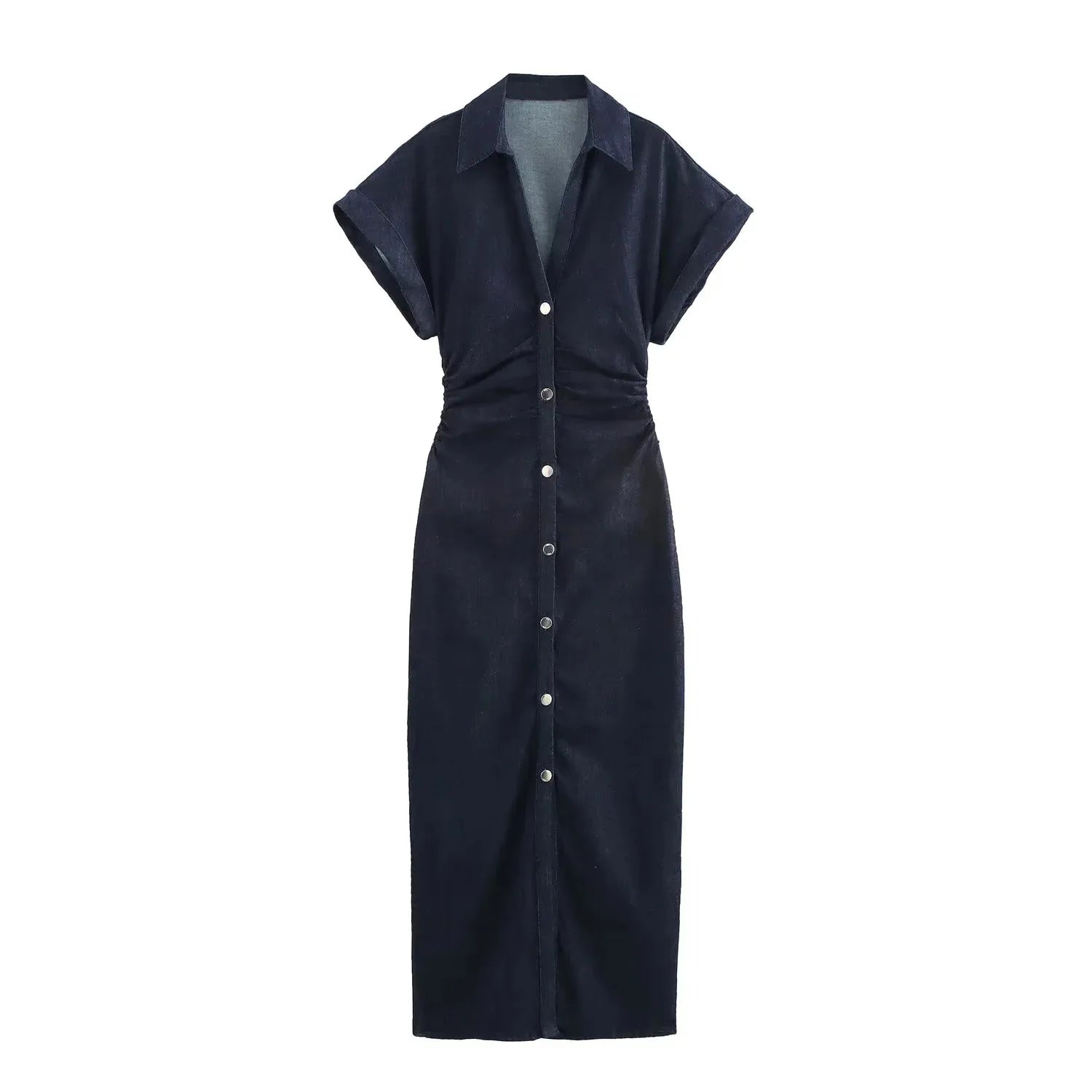 Women's Denim Midi Dress – Casual Ruched Short Sleeve A-Line Streetwear