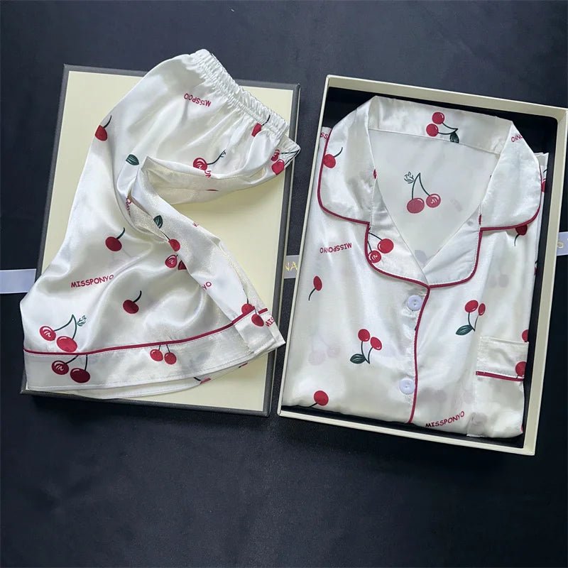 Cherry Print Satin Pajama Set for Women – Short Sleeve Top & Shorts