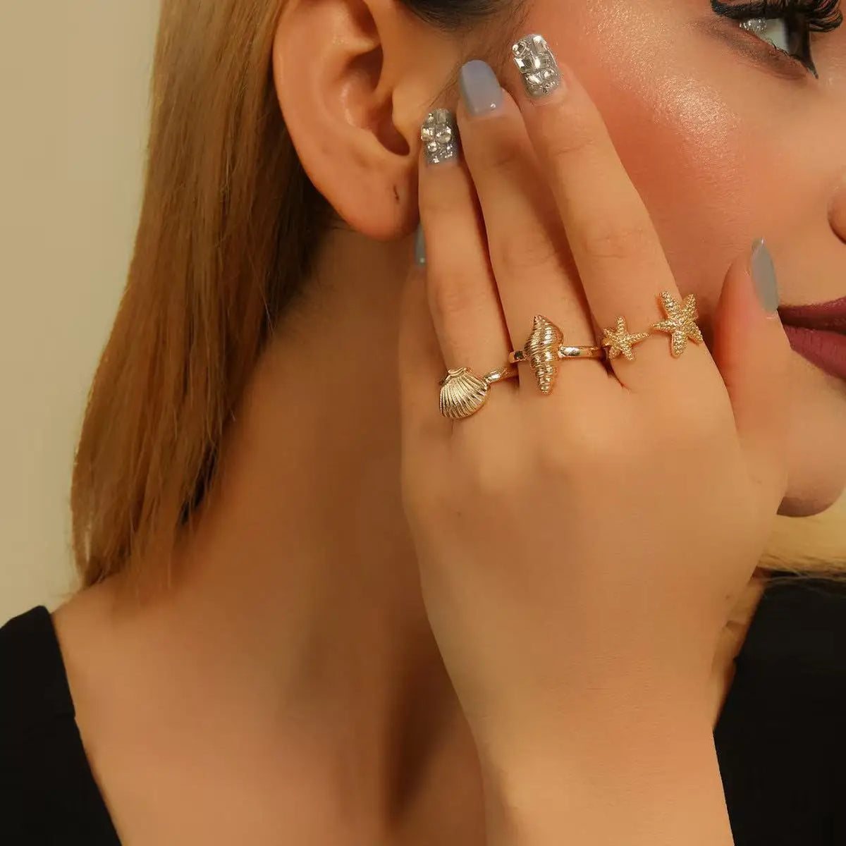Shell & Geometric Ring Set