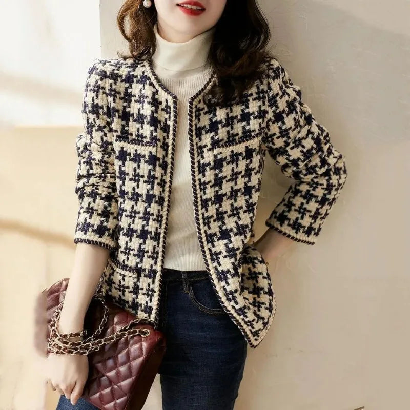 Women's Plaid Tweed Blazer – Elegant Office Jacket with Pockets