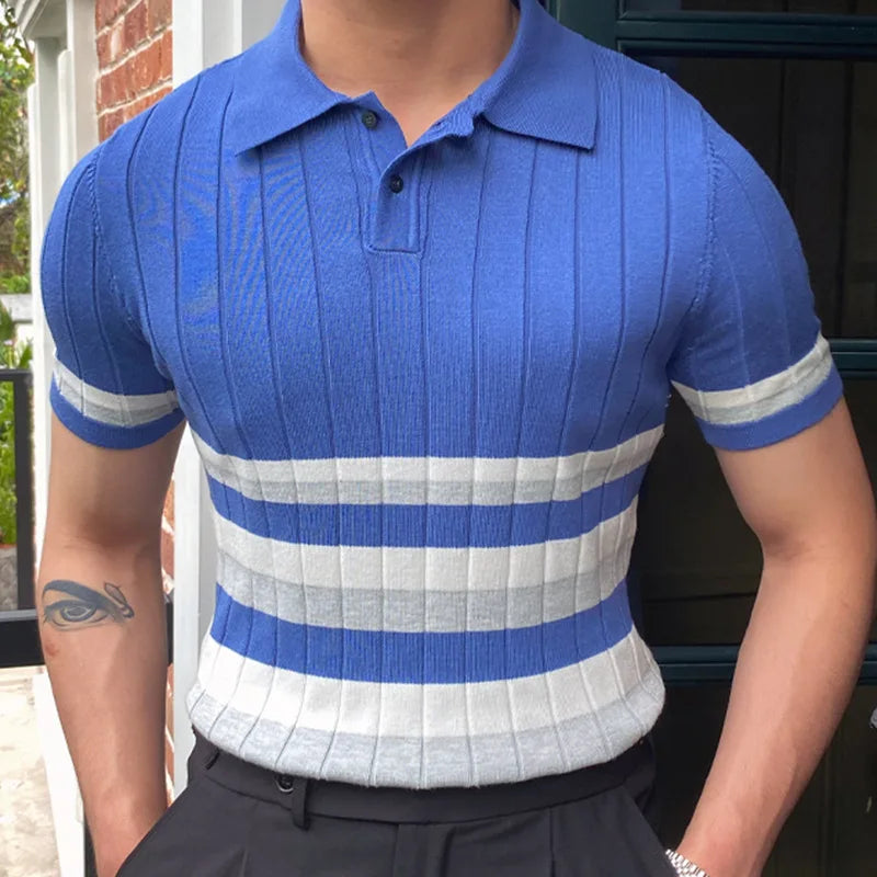 High End Jacquard Striped Polo Shirts For Men Short Sleeve Elastic Summer Quality Viscose Knitted Smart Casual Camisas De Hombre