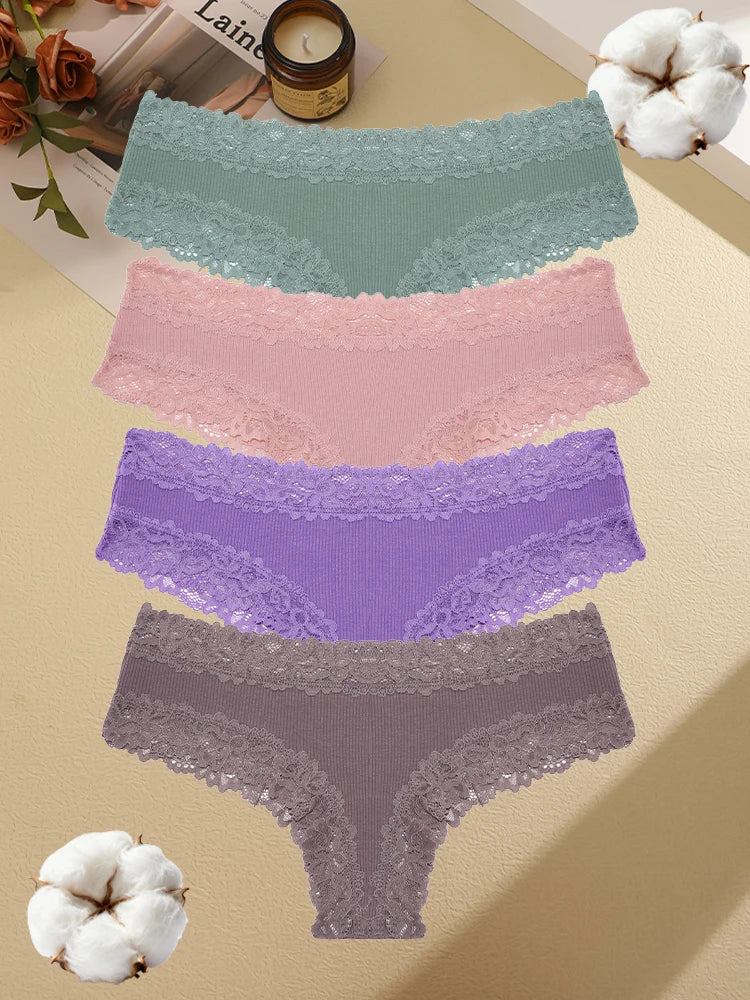 4PCS Seamless Cotton Fabric Panties For Women Sexy Lace Solid Color Brazilian Pants Female Soft Comfortable Bikini Underpants