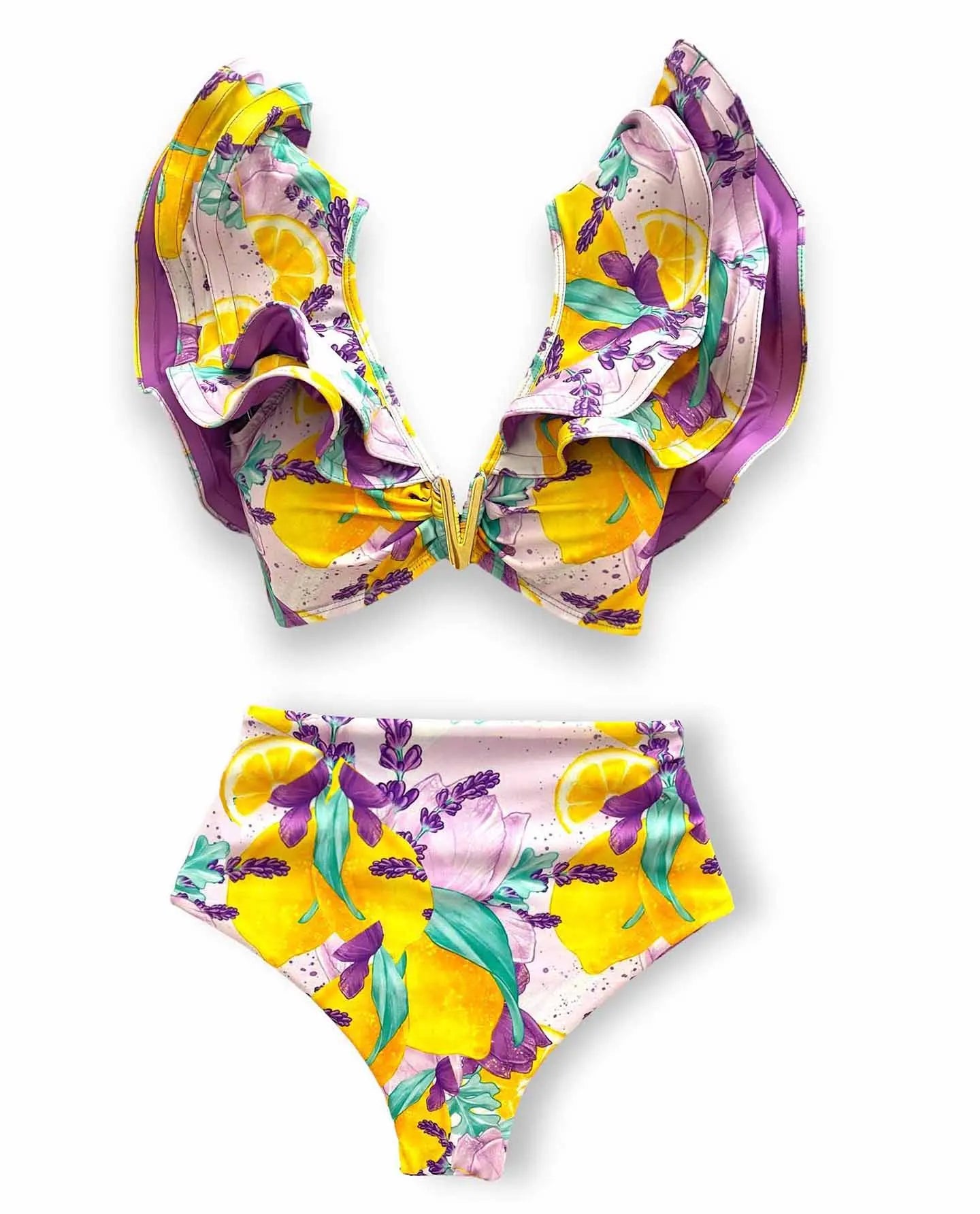 2025 New Sexy High Waist Bikini Sets Ruffle Swimwear Women Swimsuit Print Floral Dots V-neck Beach Wear Bathing Suits Biquini