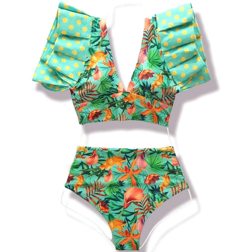 2025 New Sexy High Waist Bikini Sets Ruffle Swimwear Women Swimsuit Print Floral Dots V-neck Beach Wear Bathing Suits Biquini