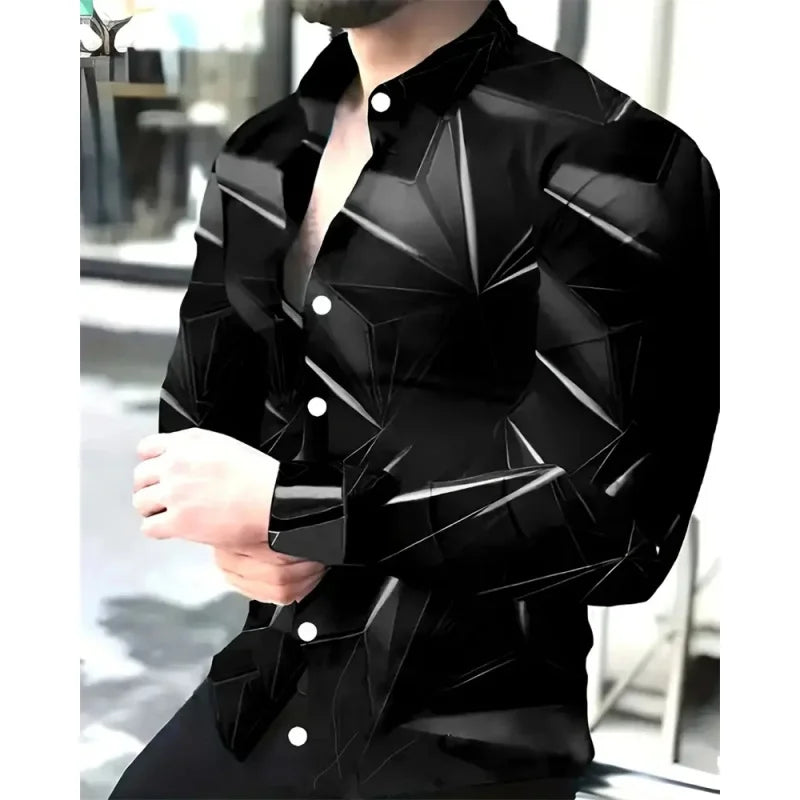 Simple Geometry Pattern Hawaiian Shirts For Men Colorful 3D Printed Aloha Shirts Casual Loose Long Sleeve Lapel Tops Blouses