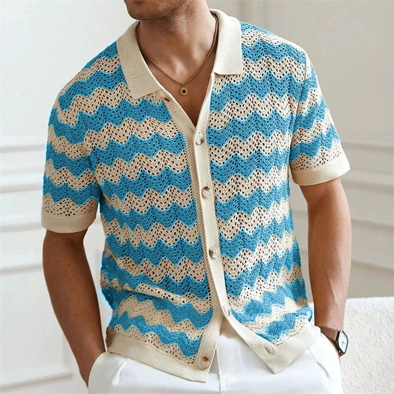 High End Jacquard Striped Polo Shirts For Men Short Sleeve Elastic Summer Quality Viscose Knitted Smart Casual Camisas De Hombre