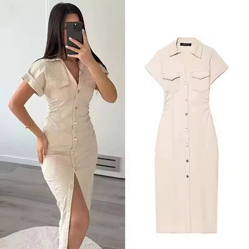 Women's Denim Midi Dress – Casual Ruched Short Sleeve A-Line Streetwear