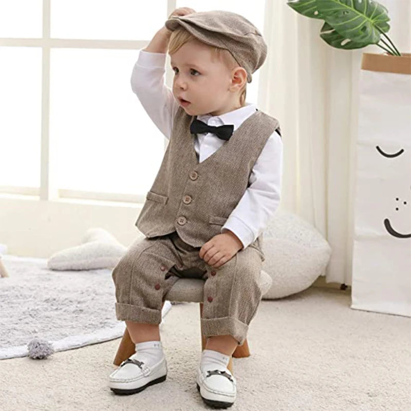 Newborn Baby Boy Formal Gentleman Romper Set – Vest, Hat, Bow & Strap Outfit