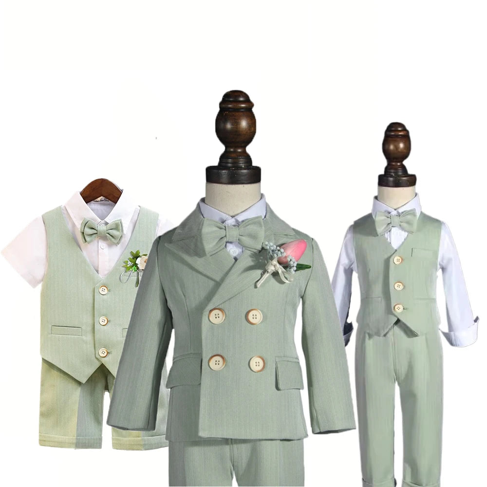 Boys' Formal Green Suit Set – Double-Breasted Blazer & Pants for Wedding & Birthday