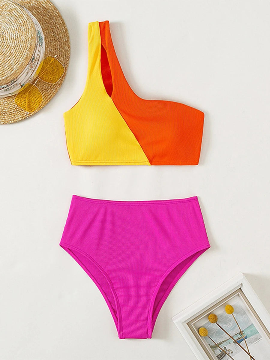 2025 New Push Up Single Shoulder Stripe Women Bikini Set High Cut Printed Bottom Padded Swimwear Summer Beachwear Bathing Suit