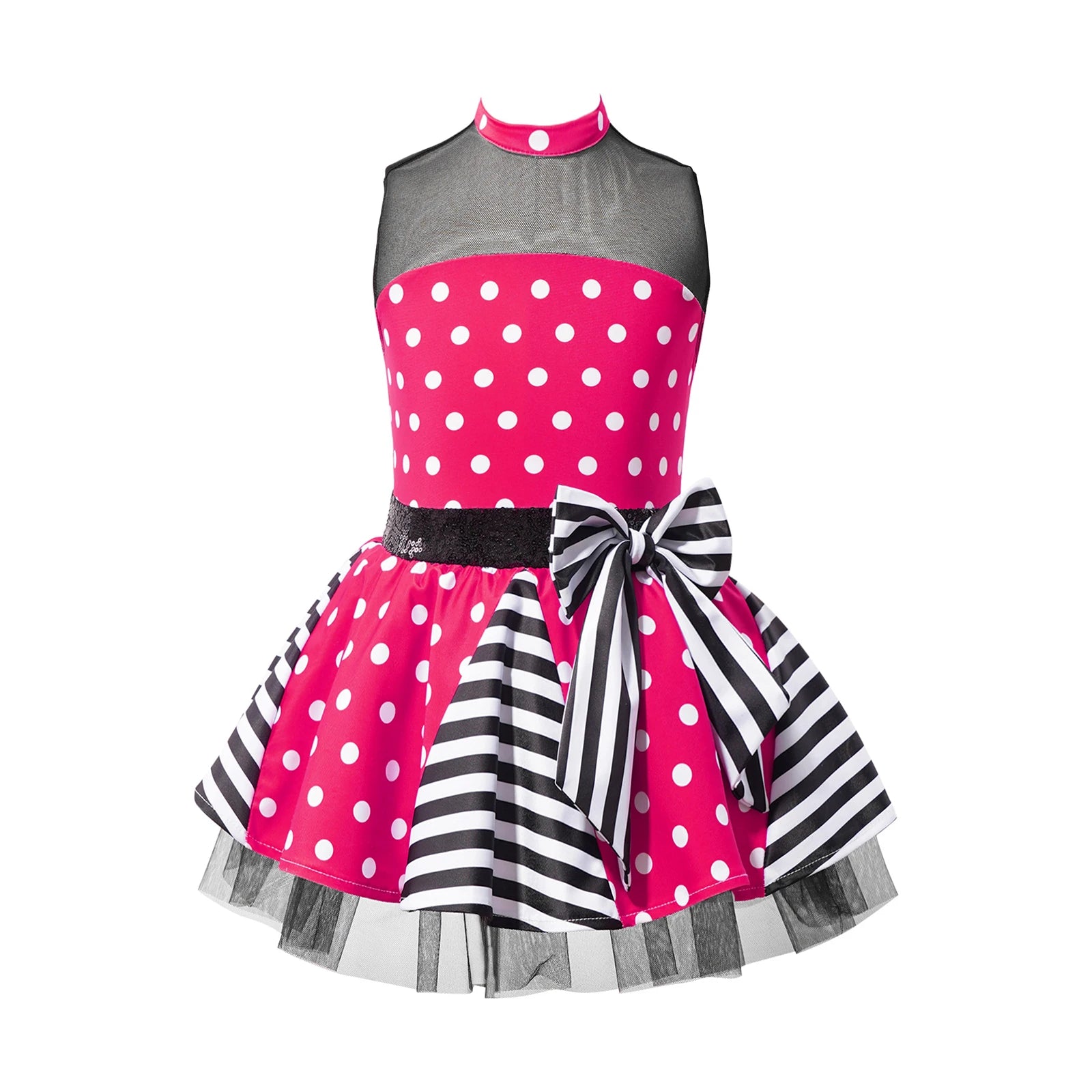 Girls Jazz Latin Ballet Dance Dress Polka Dots Print Mesh Sequin Bowknot Tutu Dress Birthdays Party Wedding Flower Girl Dresses