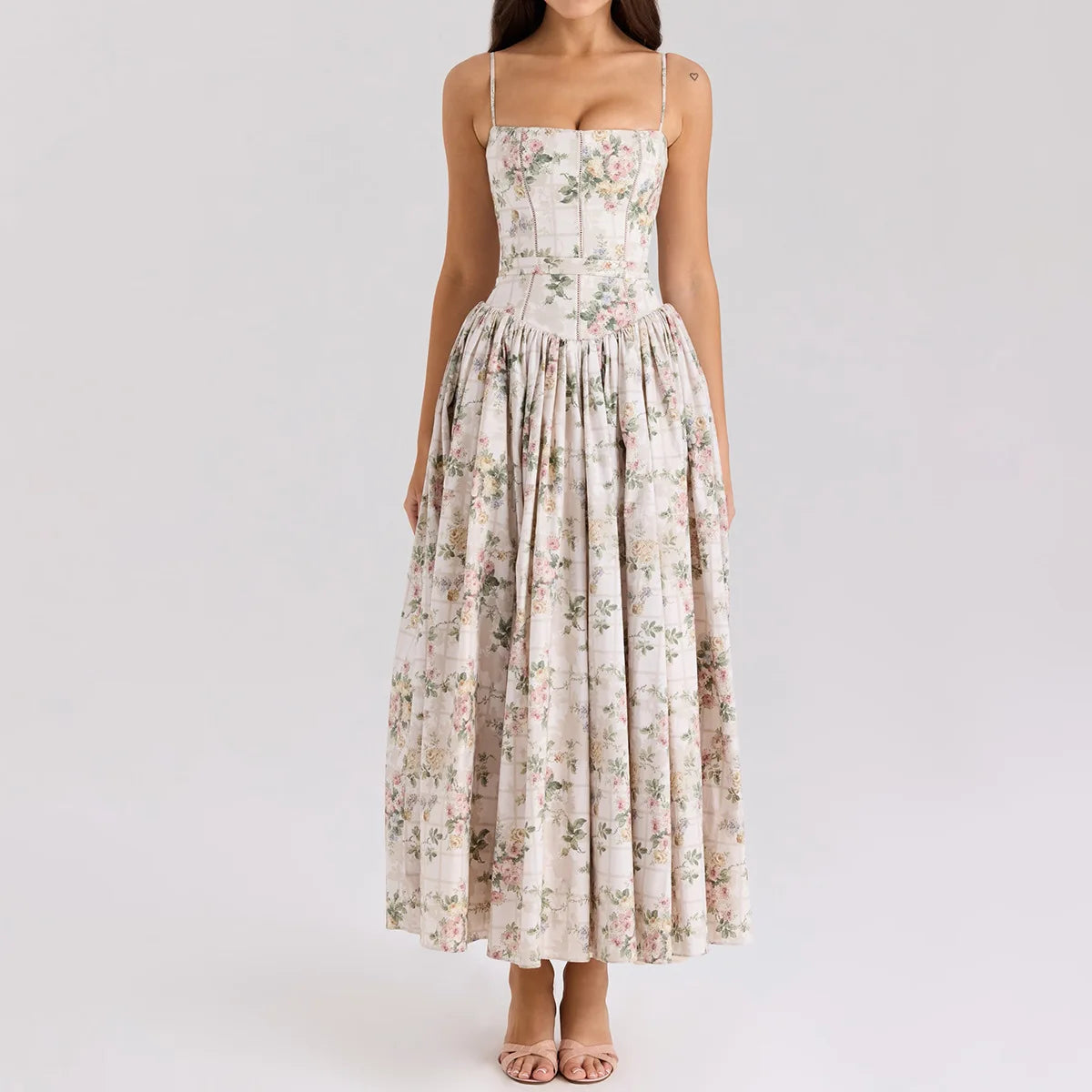 Women's Floral Print Maxi Dress – Spaghetti Strap Fit & Flare