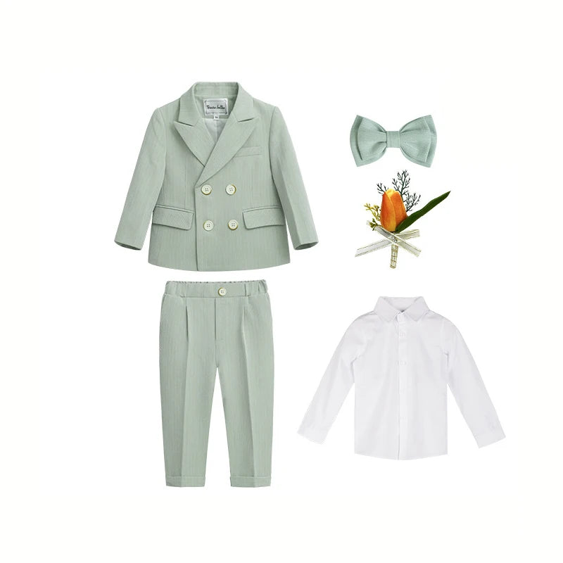 Boys' Formal Green Suit Set – Double-Breasted Blazer & Pants for Wedding & Birthday