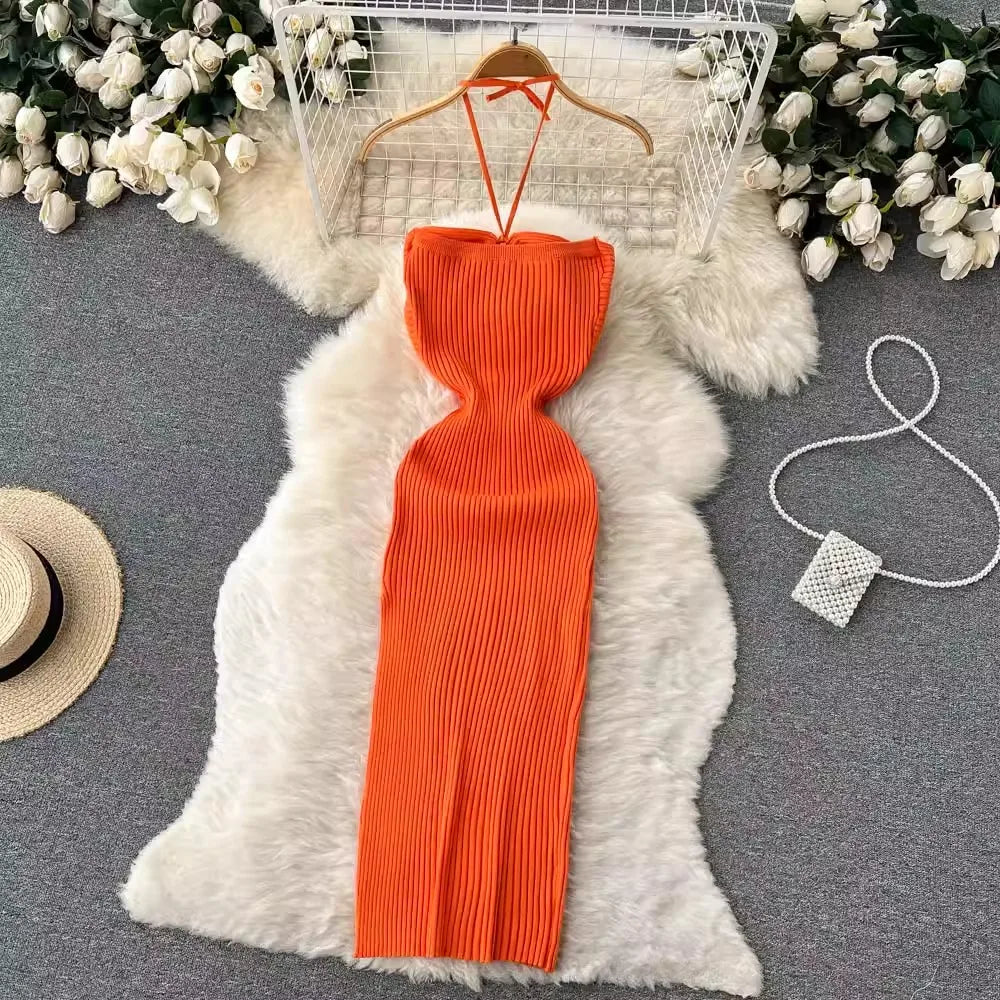 Women's Knit Bodycon Midi Dress — Sexy Slash Neck Split Streetwear