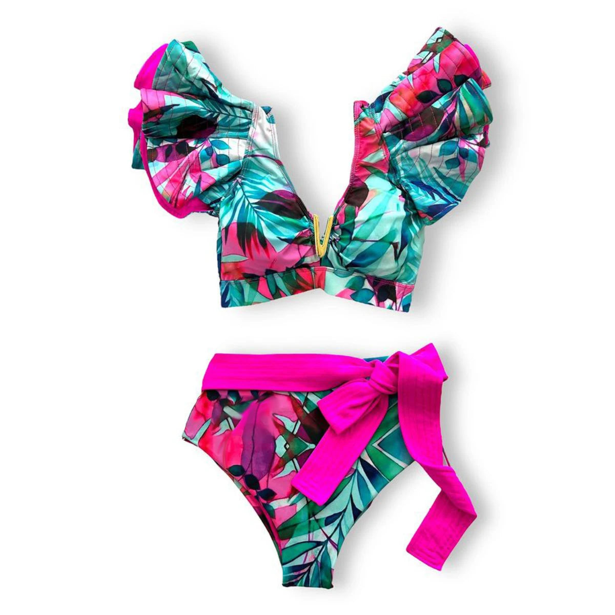 2025 New Sexy High Waist Bikini Sets Ruffle Swimwear Women Swimsuit Print Floral Dots V-neck Beach Wear Bathing Suits Biquini