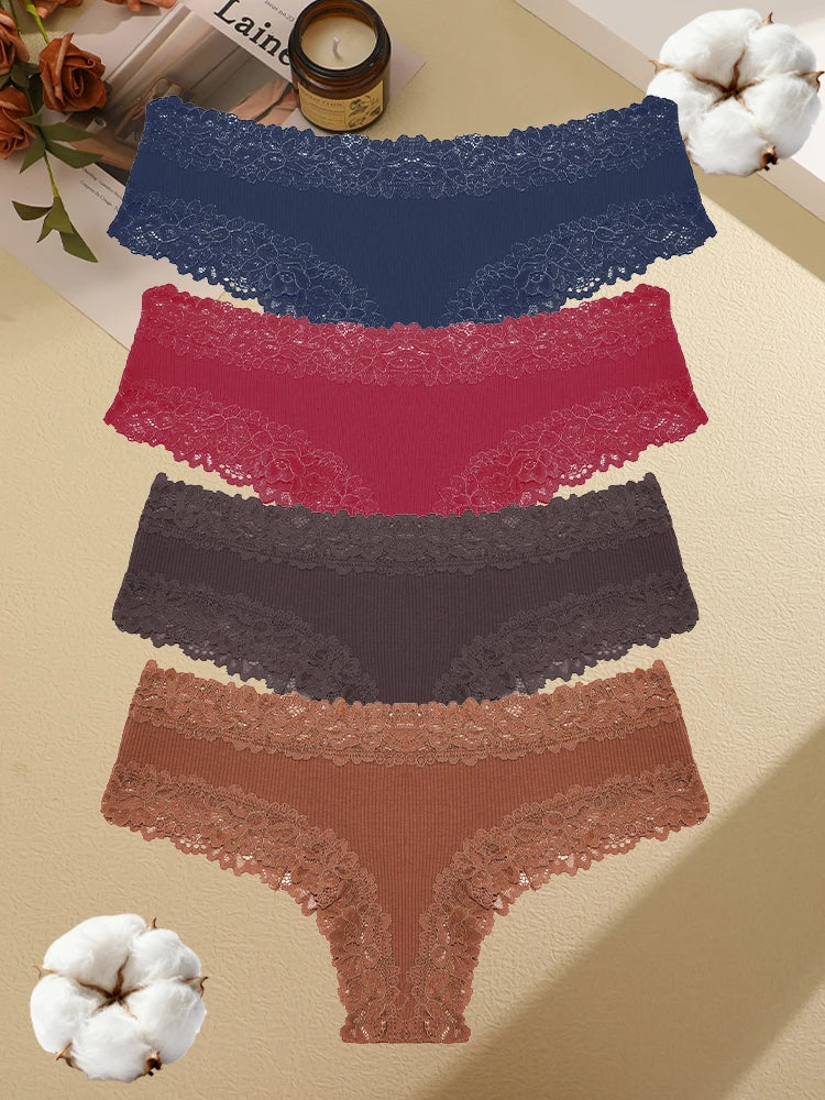 4PCS Seamless Cotton Fabric Panties For Women Sexy Lace Solid Color Brazilian Pants Female Soft Comfortable Bikini Underpants