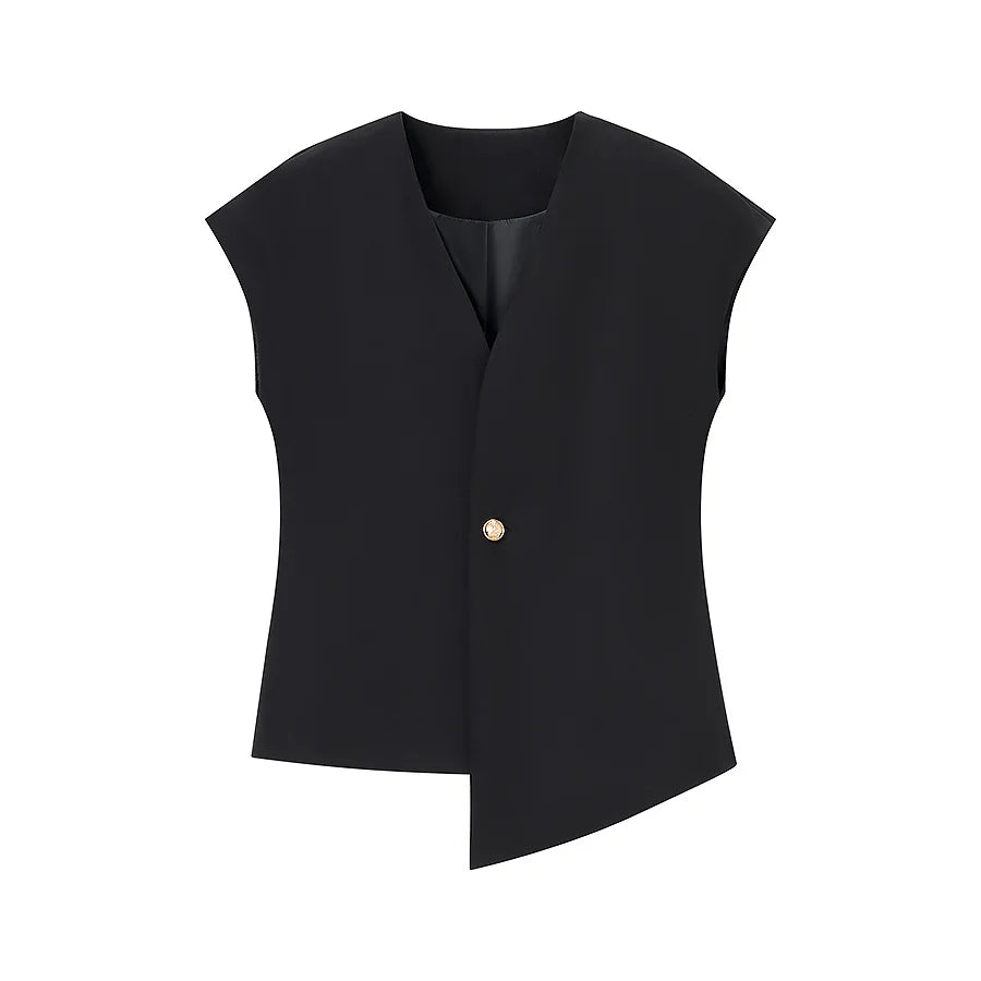 Women's V-Neck Buckle Vest & High Waist Wide-Leg Pants – Chic 2-Piece Office Set