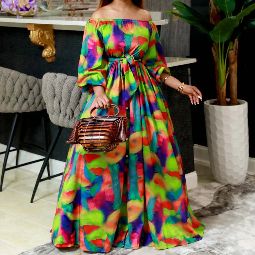 Women's Printed Maxi Dress – Off-Shoulder Puff Sleeve A-Line