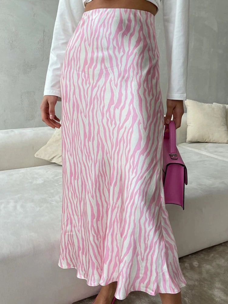 2023 Summer Autumn Women Elegant Midi Satin Skirts Printed High Waist Office Ladies Bodycon Pencil Slim Skirt For Women