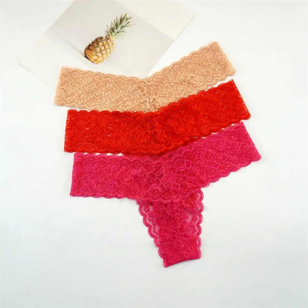 Women's Lace Thong Panties – 3-Pack Low-Rise Transparent Sexy Lingerie Set