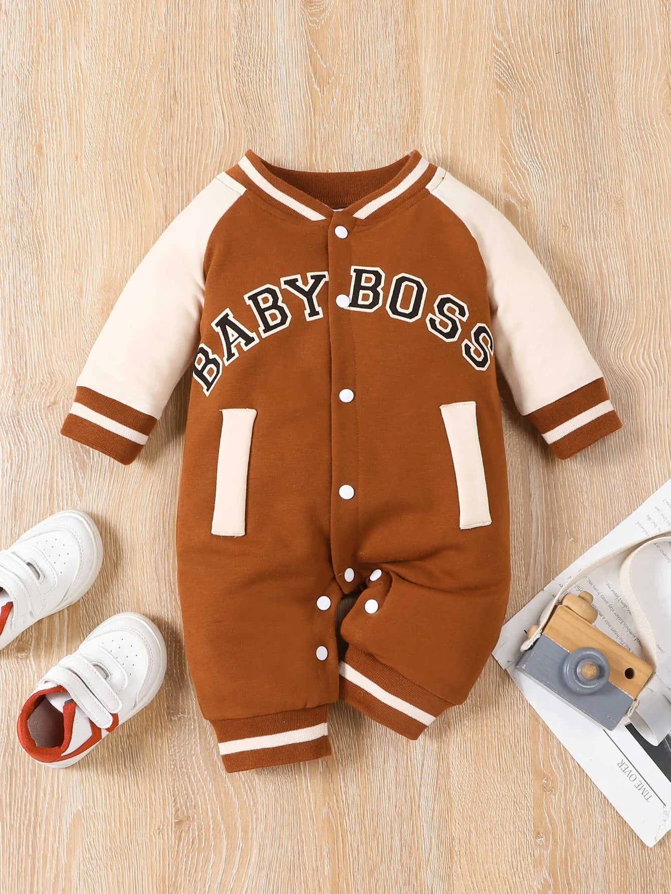 Baby Boy Long-Sleeve Romper — Letter Print Cotton Jumpsuit