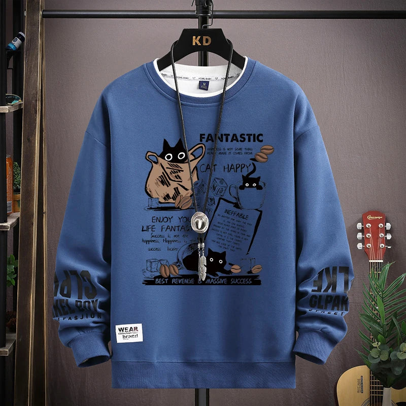 Oversized Cartoon Cat Sweatshirt — Harajuku Long Sleeve Pullover | Unisex S–5XL