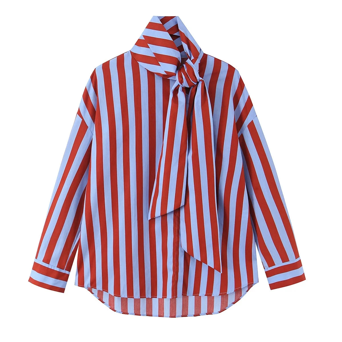 Women's Vintage Striped Bow Blouse — Long Sleeve Turn-Down Collar Loose Button-Down Top | XS–L