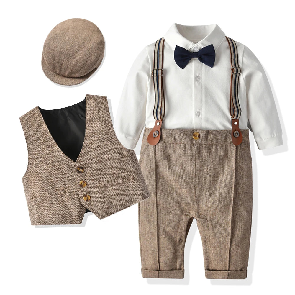 Newborn Baby Boy Formal Gentleman Romper Set – Vest, Hat, Bow & Strap Outfit