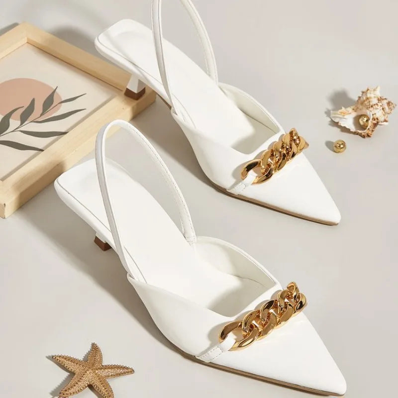 Women's Pointed-Toe Slingback Heels | Chain Detail Platform Sandals | 3 Colors | EU 35–42