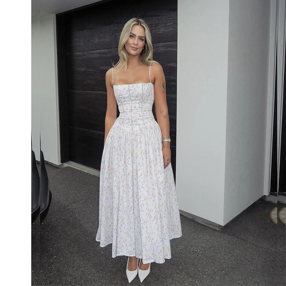 Women's Floral Print Maxi Dress – Spaghetti Strap Fit & Flare